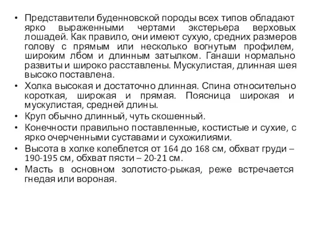 Представители буденновской породы всех типов обладают ярко выраженными чертами экстерьера верховых