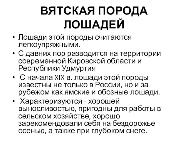 ВЯТСКАЯ ПОРОДА ЛОШАДЕЙ Лошади этой породы считаются легкоупряжными. С давних пор