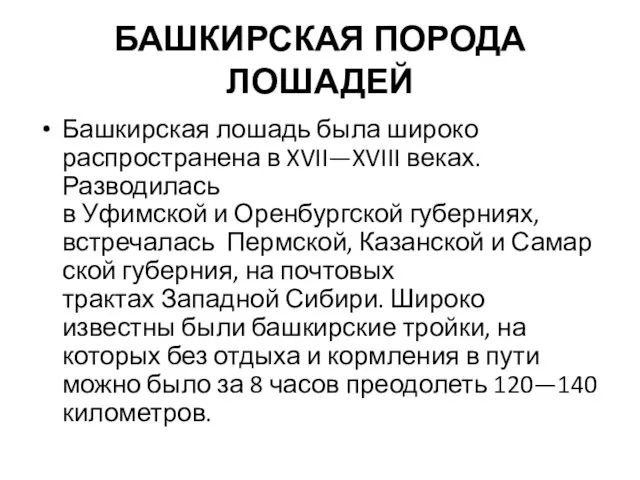 БАШКИРСКАЯ ПОРОДА ЛОШАДЕЙ Башкирская лошадь была широко распространена в XVII—XVIII веках.