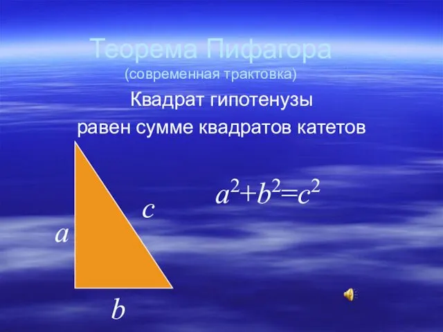 Теорема Пифагора (современная трактовка) Квадрат гипотенузы равен сумме квадратов катетов a c b a2+b2=c2