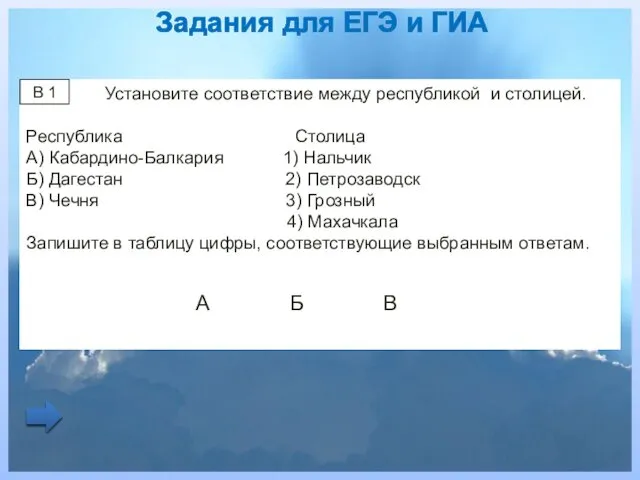 Установите соответствие между республикой и столицей. Республика Столица А) Кабардино-Балкария 1)