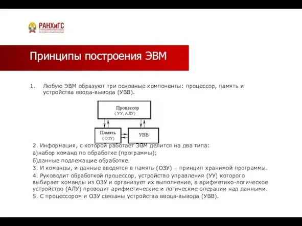 Принципы построения ЭВМ Любую ЭВМ образуют три основные компоненты: процессор, память