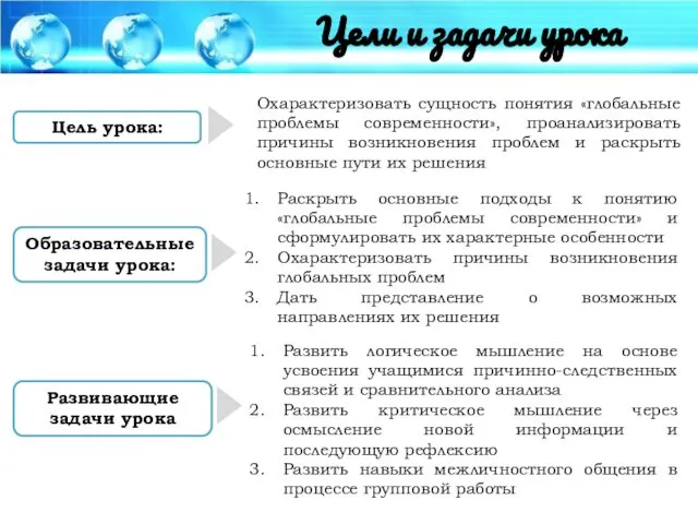 Цель урока: Охарактеризовать сущность понятия «глобальные проблемы современности», проанализировать причины возникновения