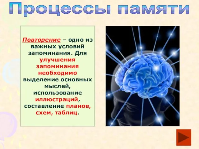 Процессы памяти Повторение – одно из важных условий запоминания. Для улучшения