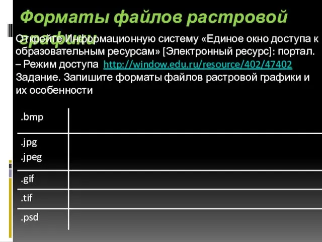 Форматы файлов растровой графики Откройте Информационную систему «Единое окно доступа к