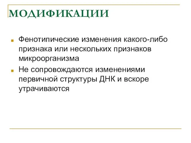 МОДИФИКАЦИИ Фенотипические изменения какого-либо признака или нескольких признаков микроорганизма Не сопровождаются