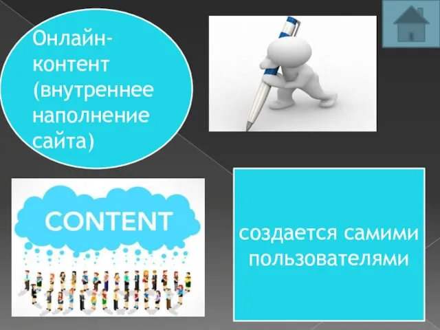 создается самими пользователями Онлайн-контент(внутреннее наполнение сайта)