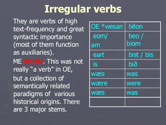 Irregular verbs They are verbs of high text-frequency and great syntactic