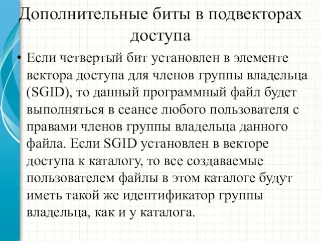 Дополнительные биты в подвекторах доступа Если четвертый бит установлен в элементе