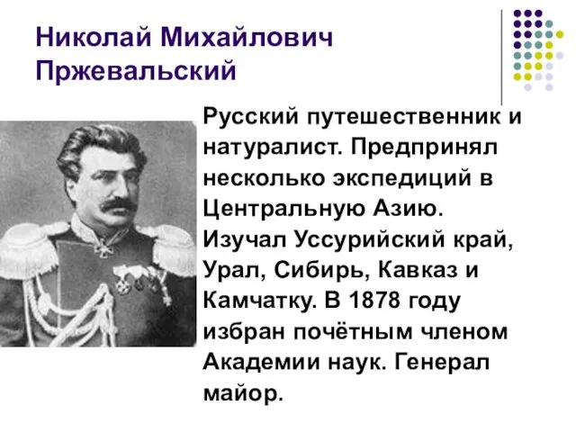 Николай Михайлович Пржевальский Русский путешественник и натуралист. Предпринял несколько экспедиций в