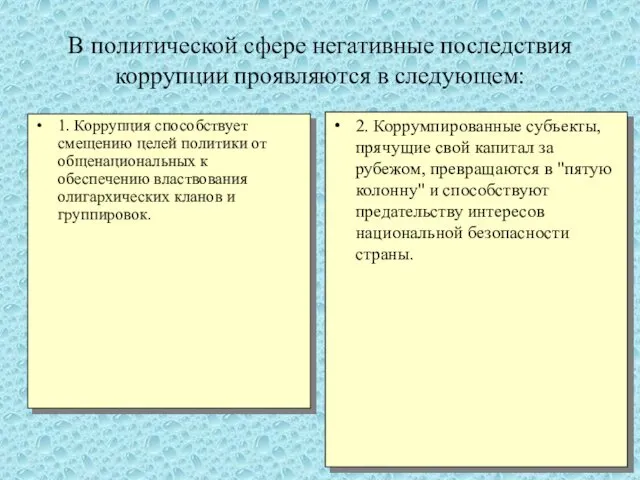 В политической сфере негативные последствия коррупции проявляются в следующем: 1. Коррупция