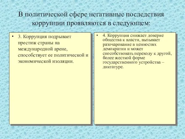 В политической сфере негативные последствия коррупции проявляются в следующем: 3. Коррупция