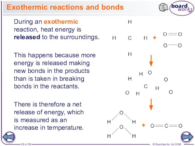 Exothermic reactions and bonds During an exothermic reaction, heat energy is