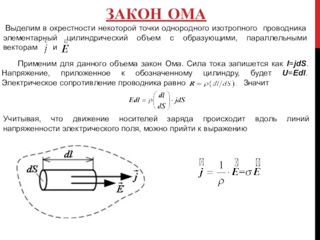 ЗАКОН ОМА Выделим в окрестности некоторой точки однородного изотропного проводника элементарный