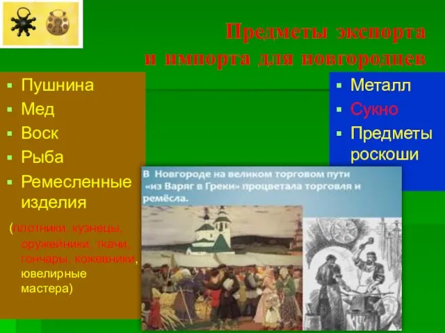 Предметы экспорта и импорта для новгородцев Пушнина Мед Воск Рыба Ремесленные