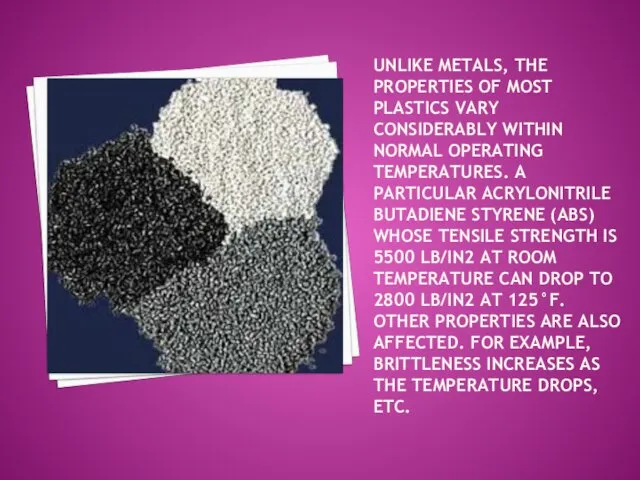 UNLIKE METALS, THE PROPERTIES OF MOST PLASTICS VARY CONSIDERABLY WITHIN NORMAL
