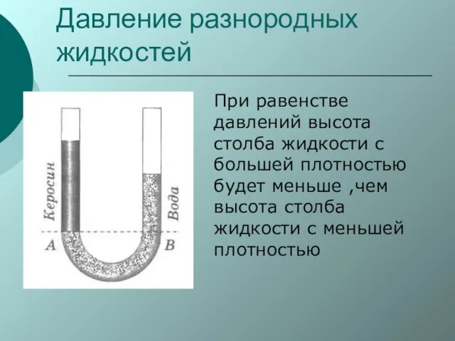 Давление разнородных жидкостей При равенстве давлений высота столба жидкости с большей