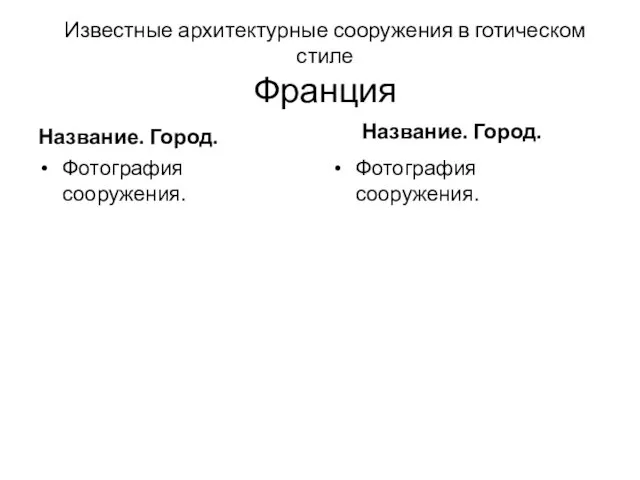 Известные архитектурные сооружения в готическом стиле Франция Название. Город. Фотография сооружения. Название. Город. Фотография сооружения.