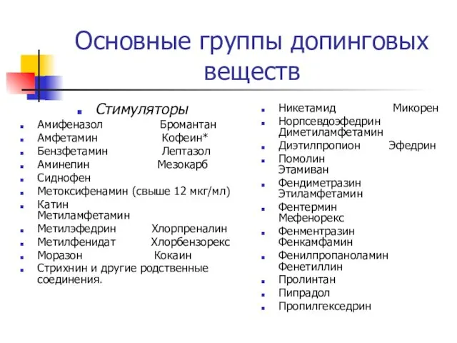 Основные группы допинговых веществ Стимуляторы Амифеназол Бромантан Амфетамин Кофеин* Бензфетамин Лептазол