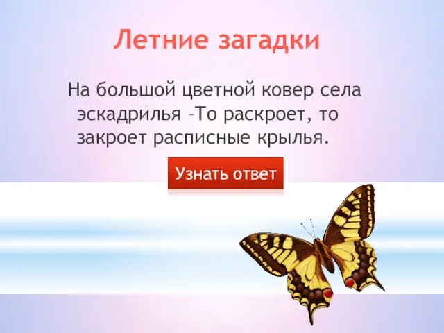 На большой цветной ковер села эскадрилья –То раскроет, то закроет расписные крылья. Летние загадки Узнать ответ