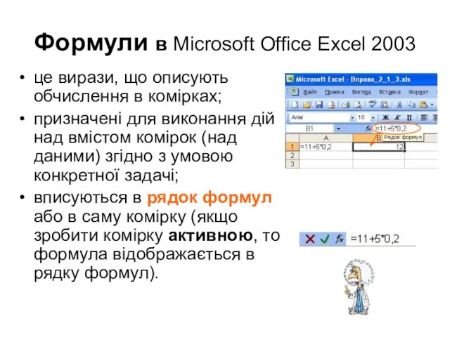 Формули в Microsoft Office Excel 2003 це вирази, що описують обчислення