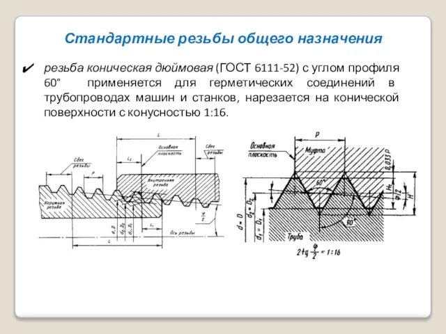 Стандартные резьбы общего назначения резьба коническая дюймовая (ГОСТ 6111-52) с углом