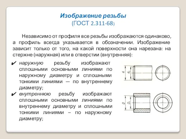 Изображение резьбы (ГОСТ 2.311-68) Независимо от профиля все резьбы изображаются одинаково,