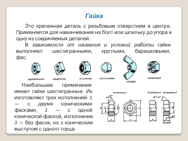 Гайка Это крепежная деталь с резьбовым отверстием в центре. Применяется для