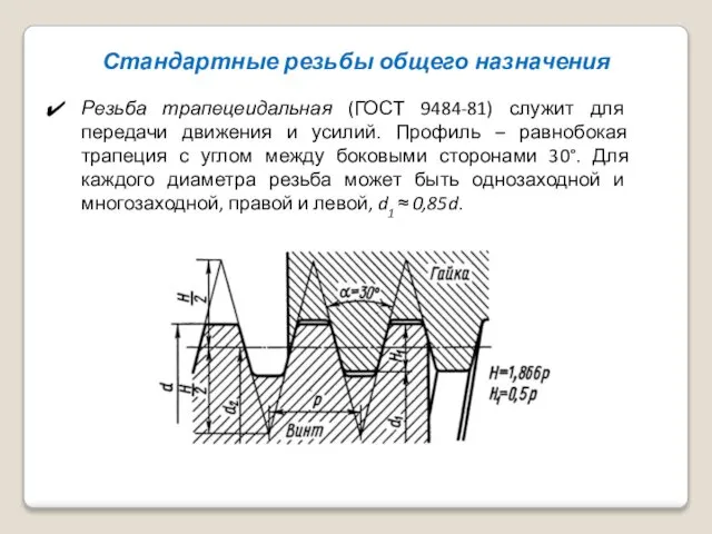 Стандартные резьбы общего назначения Резьба трапецеидальная (ГОСТ 9484-81) служит для передачи