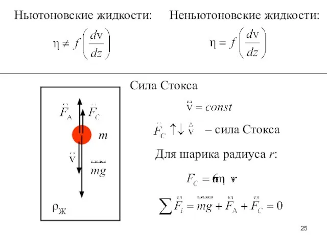 Ньютоновские жидкости: Неньютоновские жидкости: Сила Стокса ρЖ m – сила Стокса Для шарика радиуса r: