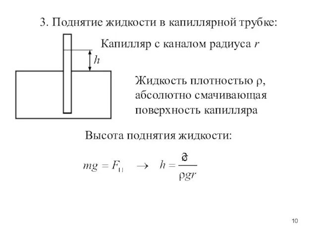 3. Поднятие жидкости в капиллярной трубке: Жидкость плотностью ρ, абсолютно смачивающая