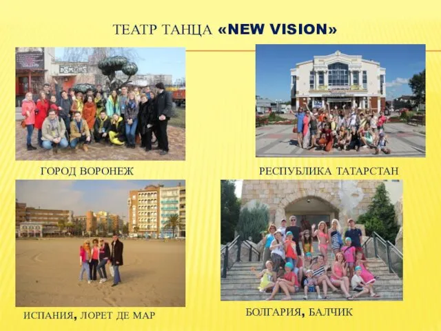 ГОРОД ВОРОНЕЖ ТЕАТР ТАНЦА «NEW VISION» РЕСПУБЛИКА ТАТАРСТАН ИСПАНИЯ, ЛОРЕТ ДЕ МАР БОЛГАРИЯ, БАЛЧИК