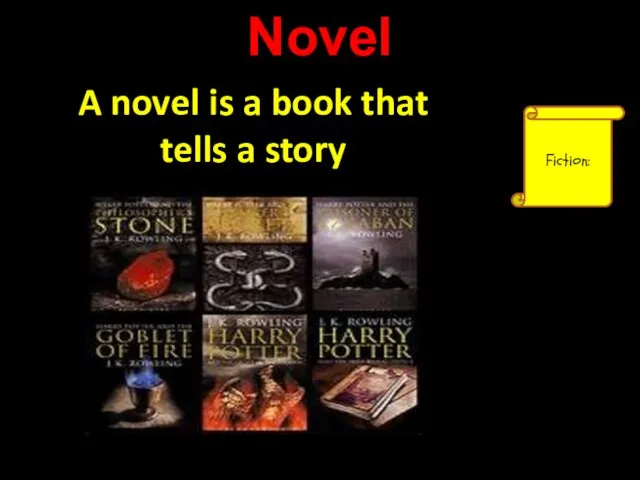 Novel A novel is a book that tells a story Fiction: