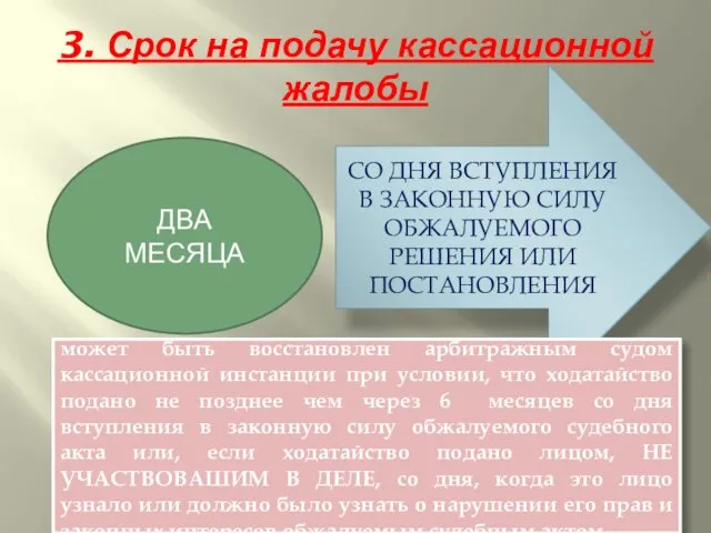 3. Срок на подачу кассационной жалобы ДВА МЕСЯЦА СО ДНЯ ВСТУПЛЕНИЯ