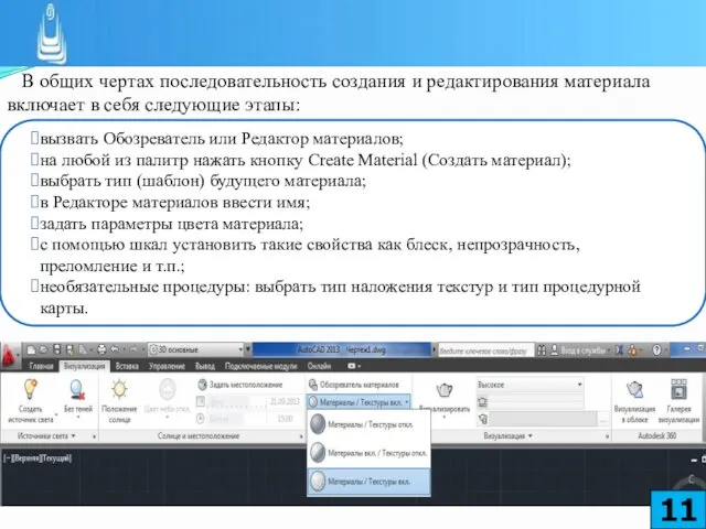 В общих чертах последовательность создания и редактирования материала включает в себя следующие этапы: