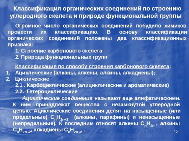 Классификация органических соединений по строению углеродного скелета и природе функциональной группы