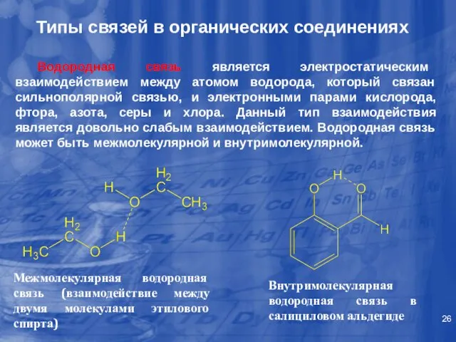 Типы связей в органических соединениях Водородная связь является электростатическим взаимодействием между