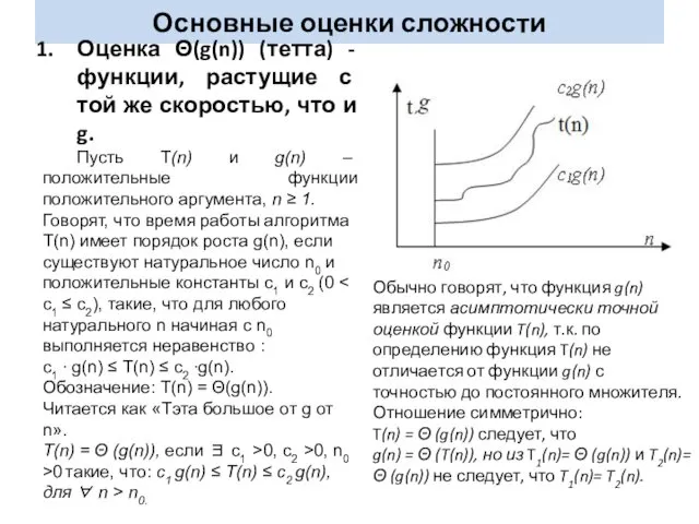 Основные оценки сложности Оценка Θ(g(n)) (тетта) - функции, растущие с той