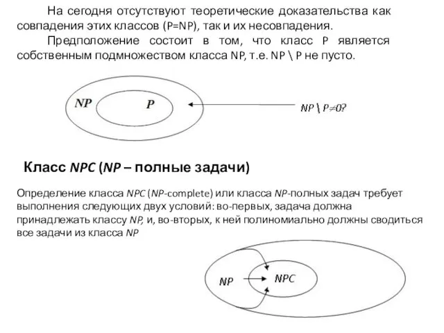 На сегодня отсутствуют теоретические доказательства как совпадения этих классов (P=NP), так