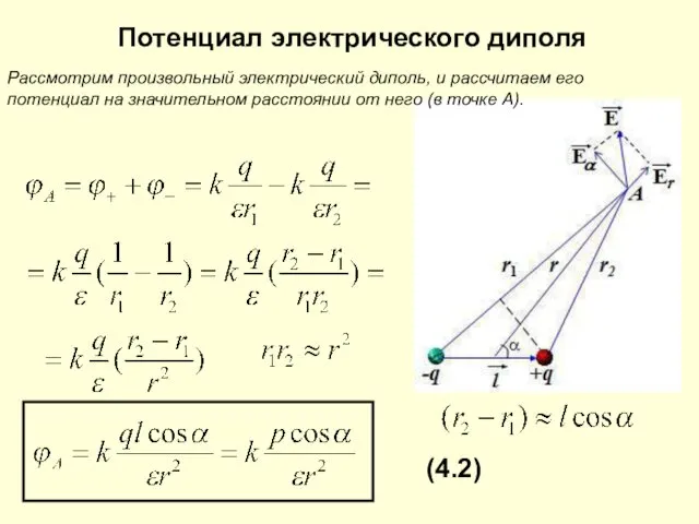 Потенциал электрического диполя Рассмотрим произвольный электрический диполь, и рассчитаем его потенциал