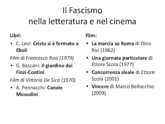 Il Fascismo nella letteratura e nel cinema Libri: C. Levi: Cristo