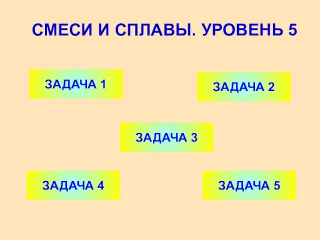 СМЕСИ И СПЛАВЫ. УРОВЕНЬ 5 ЗАДАЧА 1 ЗАДАЧА 2 ЗАДАЧА 4 ЗАДАЧА 3 ЗАДАЧА 5