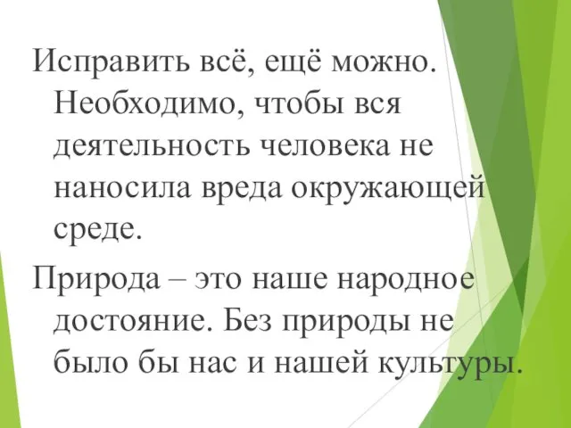 Исправить всё, ещё можно. Необходимо, чтобы вся деятельность человека не наносила