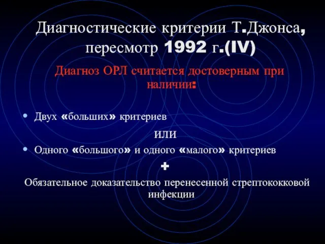 Диагностические критерии Т.Джонса, пересмотр 1992 г.(IV) Диагноз ОРЛ считается достоверным при