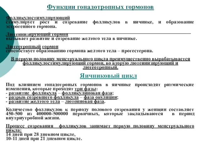 Функции гонадотропных гормонов Фолликулостимулирующий стимулирует рост и созревание фолликулов в яичнике,