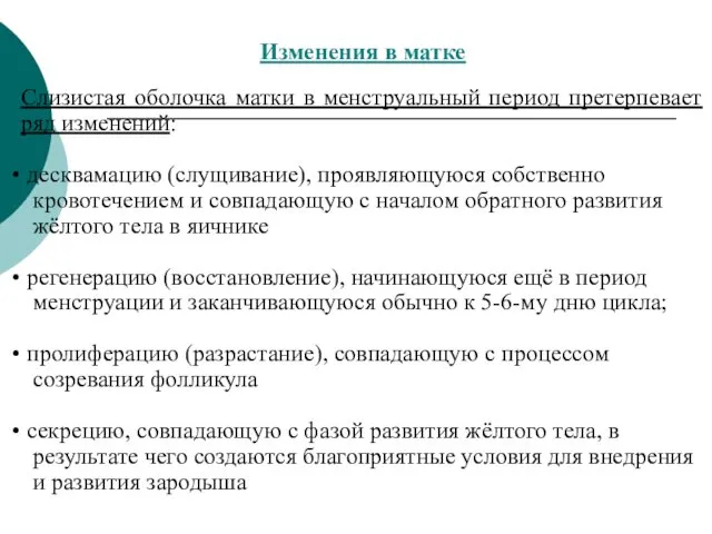 Изменения в матке Слизистая оболочка матки в менструальный период претерпевает ряд