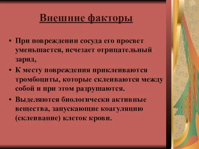 Внешние факторы При повреждении сосуда его просвет уменьшается, исчезает отрицательный заряд,