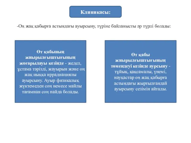 Клиникасы: -Оң жақ қабырға астындағы ауырсыну, түріне байланысты әр түрлі болады: