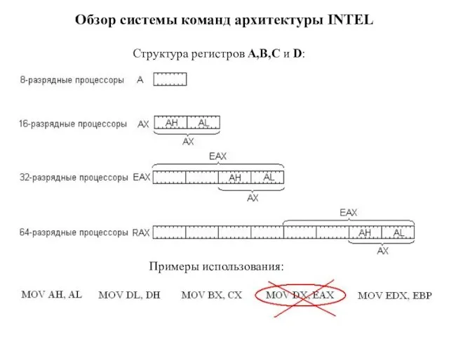 Обзор системы команд архитектуры INTEL Структура регистров A,B,C и D: Примеры использования: