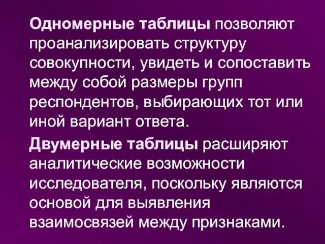 Одномерные таблицы позволяют проанализировать структуру совокупности, увидеть и сопоставить между собой